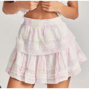 LoveShackFancy Ruffle Lace Trim Tie-Dye Mini Skirt Pastel Pink Purple Size M